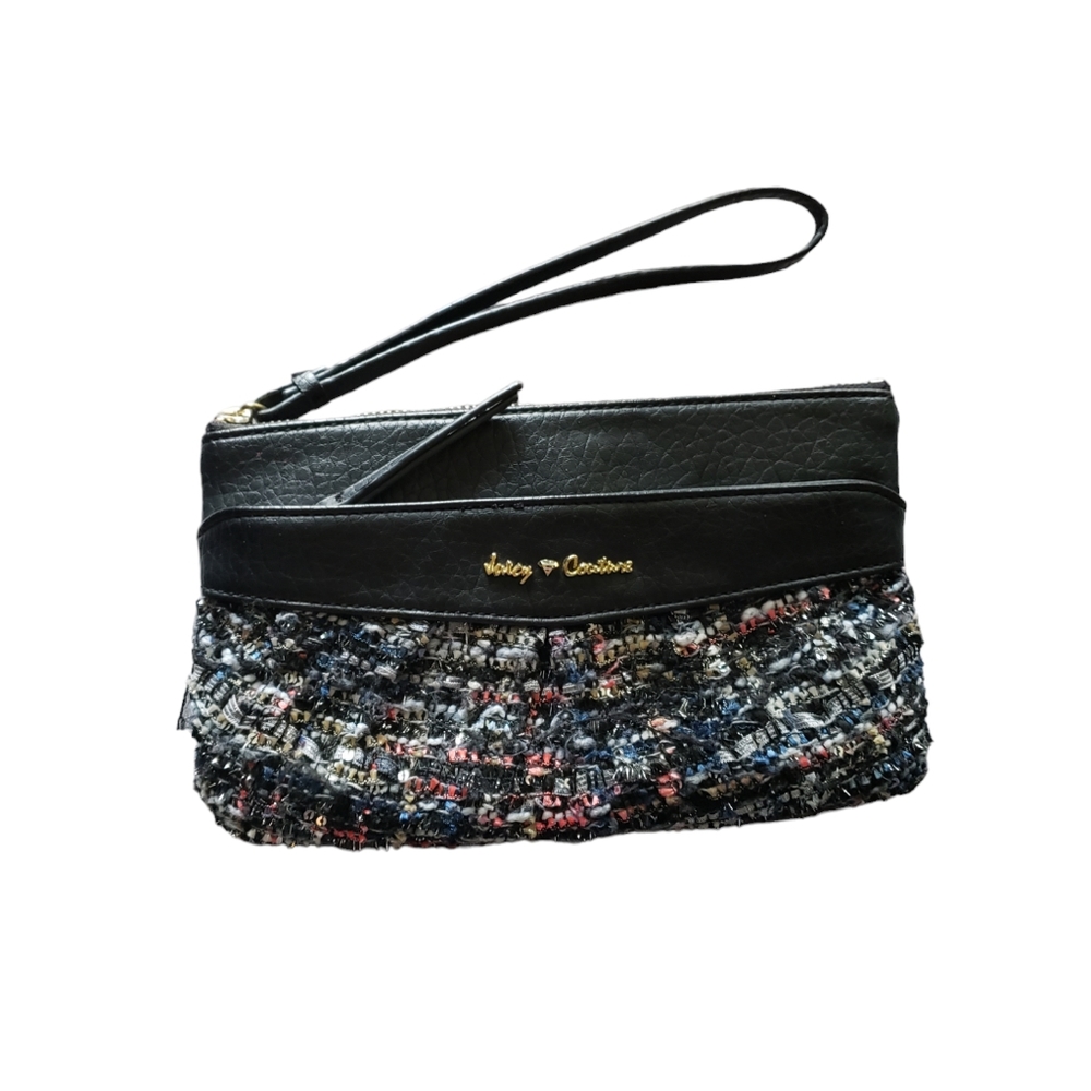 Juicy Couture Wristlet Clutch Bag Black Tweed Leather